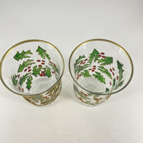 Set Of 2 Celebrations Crackle Glass Christmas Votive Candle Holder Holly Berries - Picture 3 of 4